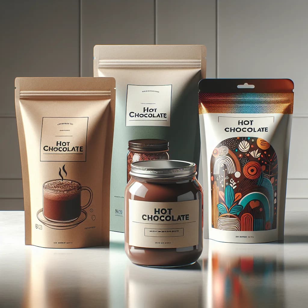 private label hot chocolate packaging in multiple variations on minimalist background