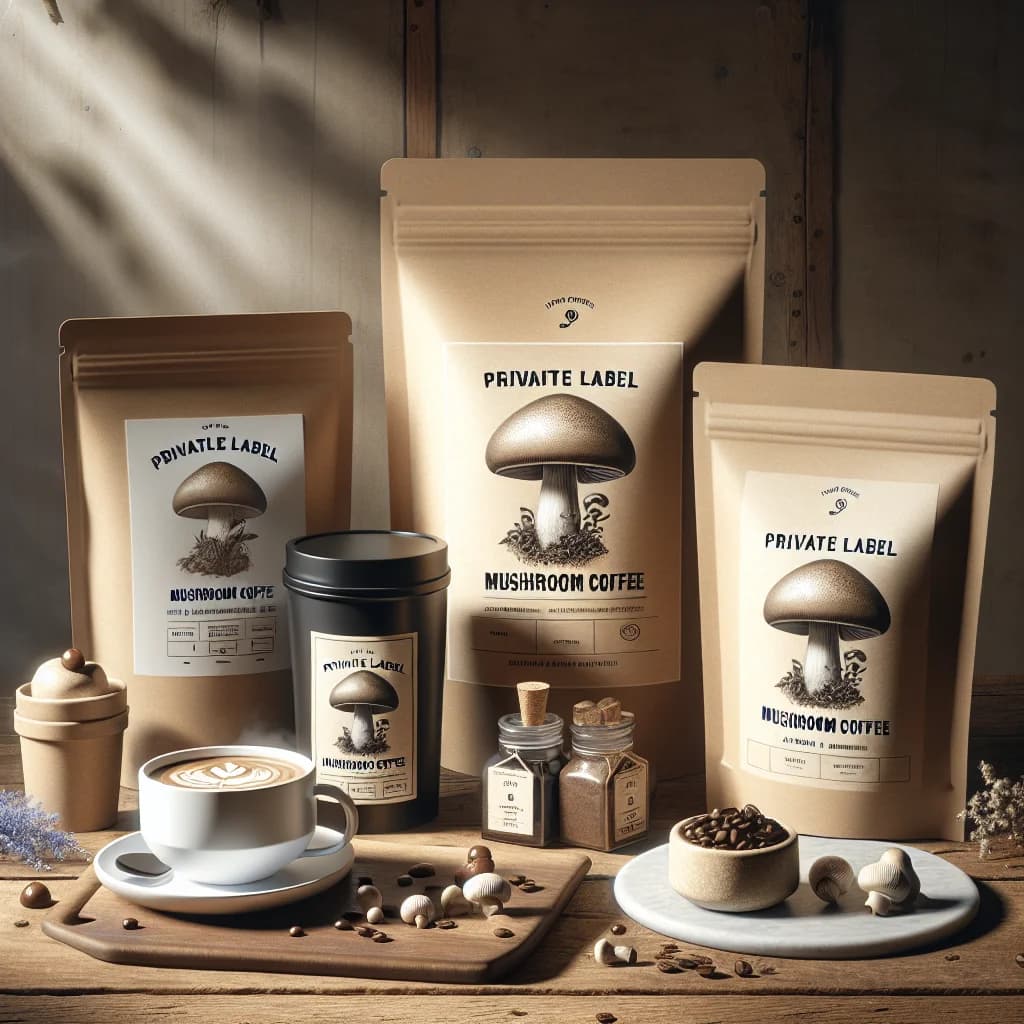 Assortment of private label mushroom coffee variations in eco-friendly packaging with clean design on a wooden background.