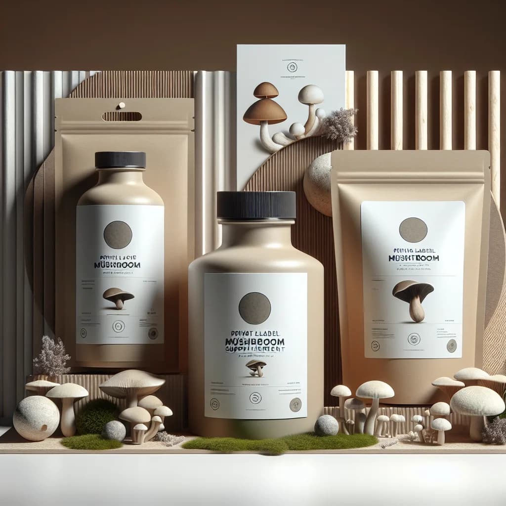 private label mushroom supplement packaging with minimalist design, displayed on a modern, clean background