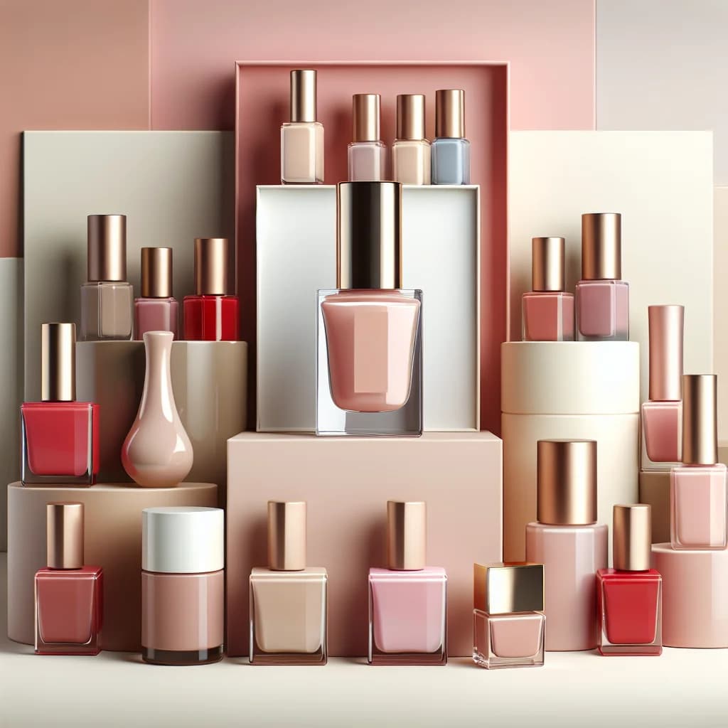 sleek private label nail polish bottles in various colors on a clean white and pastel background, showcasing packaging variations for B2B buyers