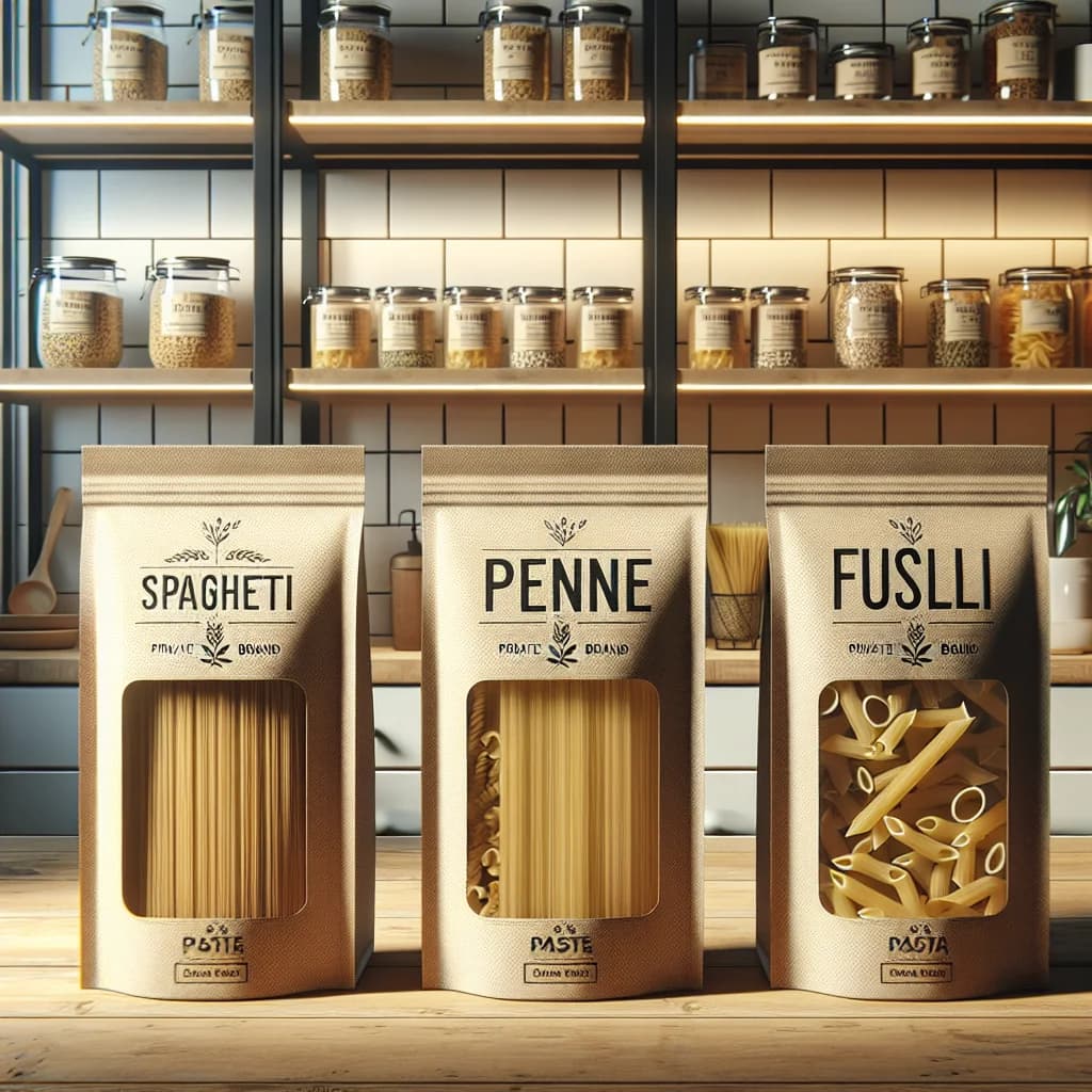 Variety of private label pasta packages on wooden countertop with neutral background