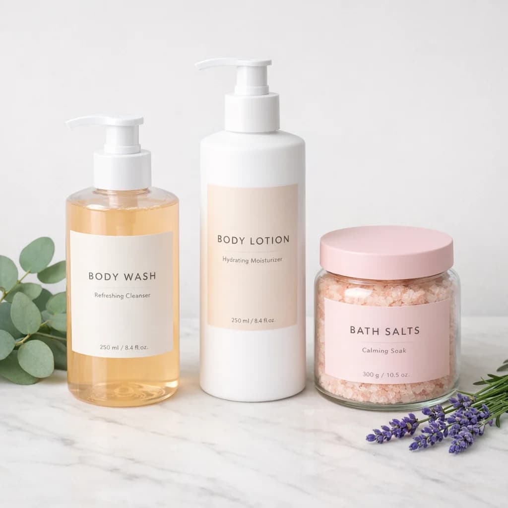 Elegant packaging of private label artisanal bath and body products in pastel tones, displayed on a sleek countertop with neutral background, showcasing variations including body washes, lotions, and bath salts.