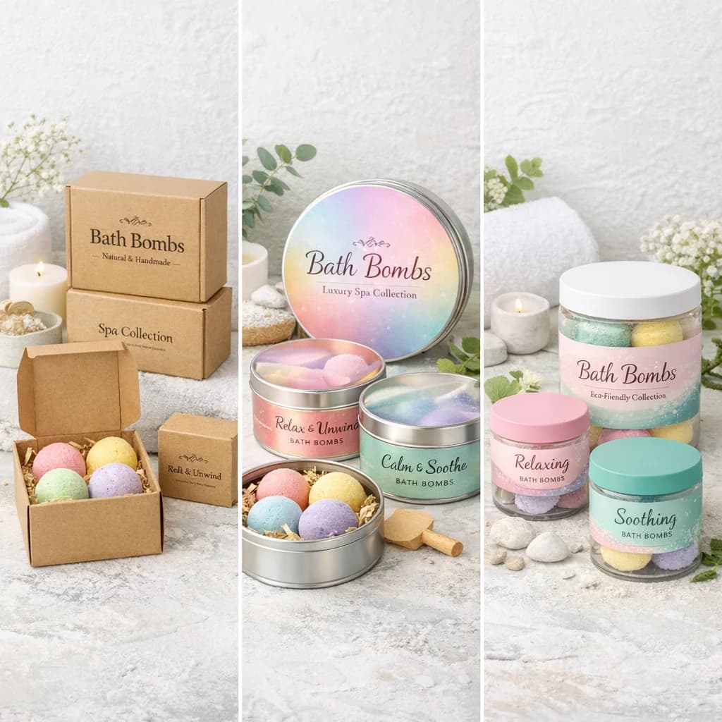 vibrant packaging design showcasing various private label bath bombs in pastel colors against a clean, spa-inspired background with minimal elegance