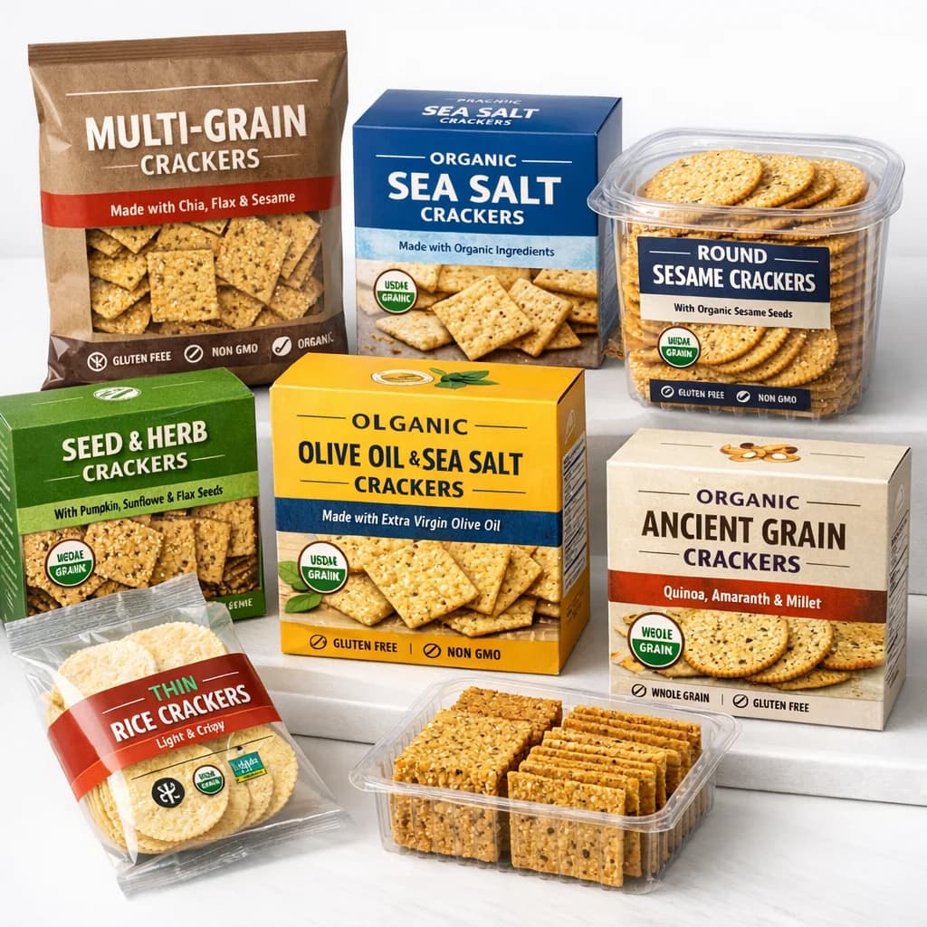 private label cracker packaging with diverse designs on a clean background