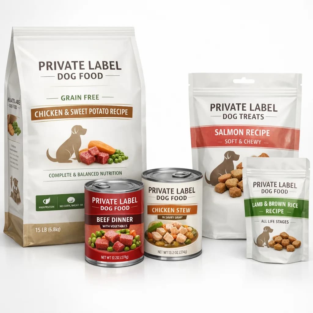Private label dog food in various packaging options with premium quality branding in a clean, professional layout on a white background.