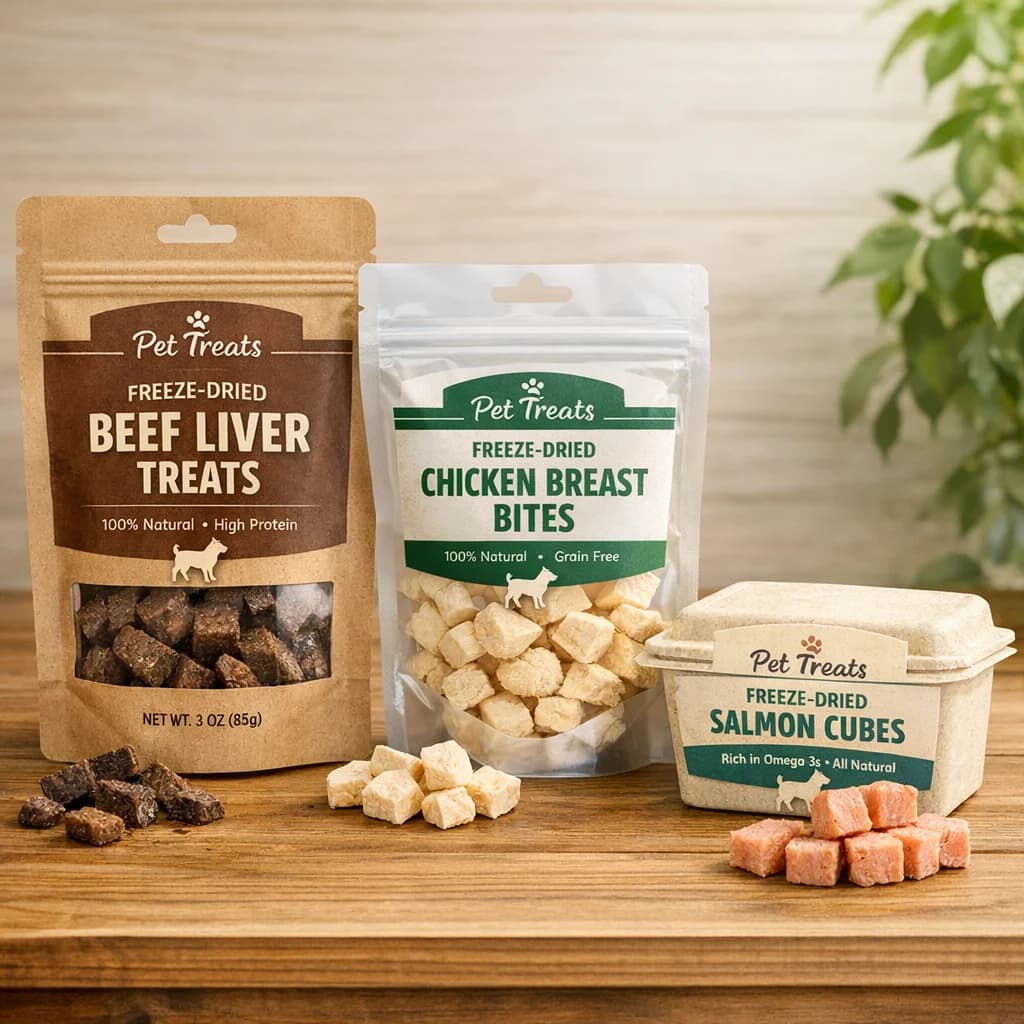 assorted private label freeze-dried dog treats in natural packaging on a wooden background