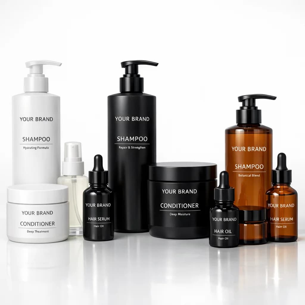 Elegant private label hair care products in modern packaging with diverse bottles and containers on a clean white background.