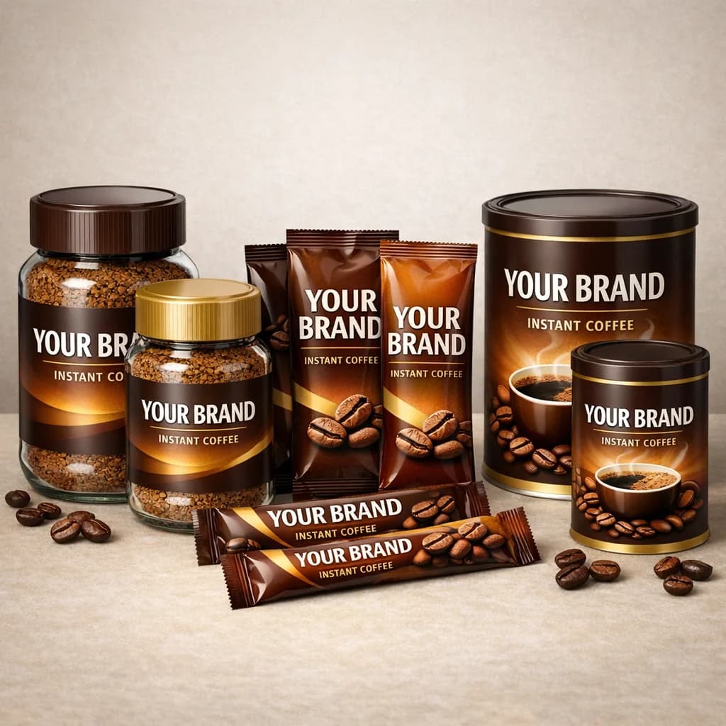 private label instant coffee in bulk packaging on a clean backdrop, showcasing quality and variety