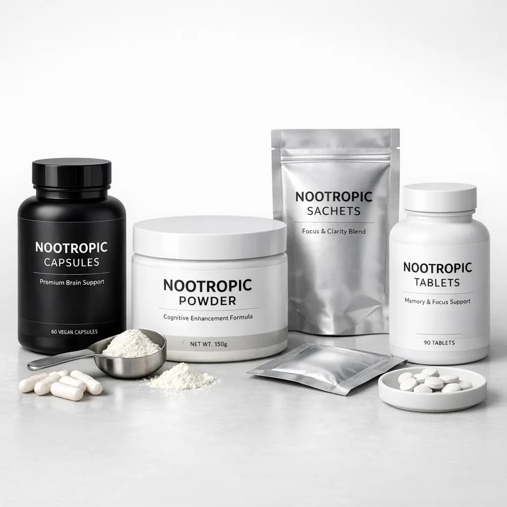 premium private label nootropic supplement packaging variations on a clean background