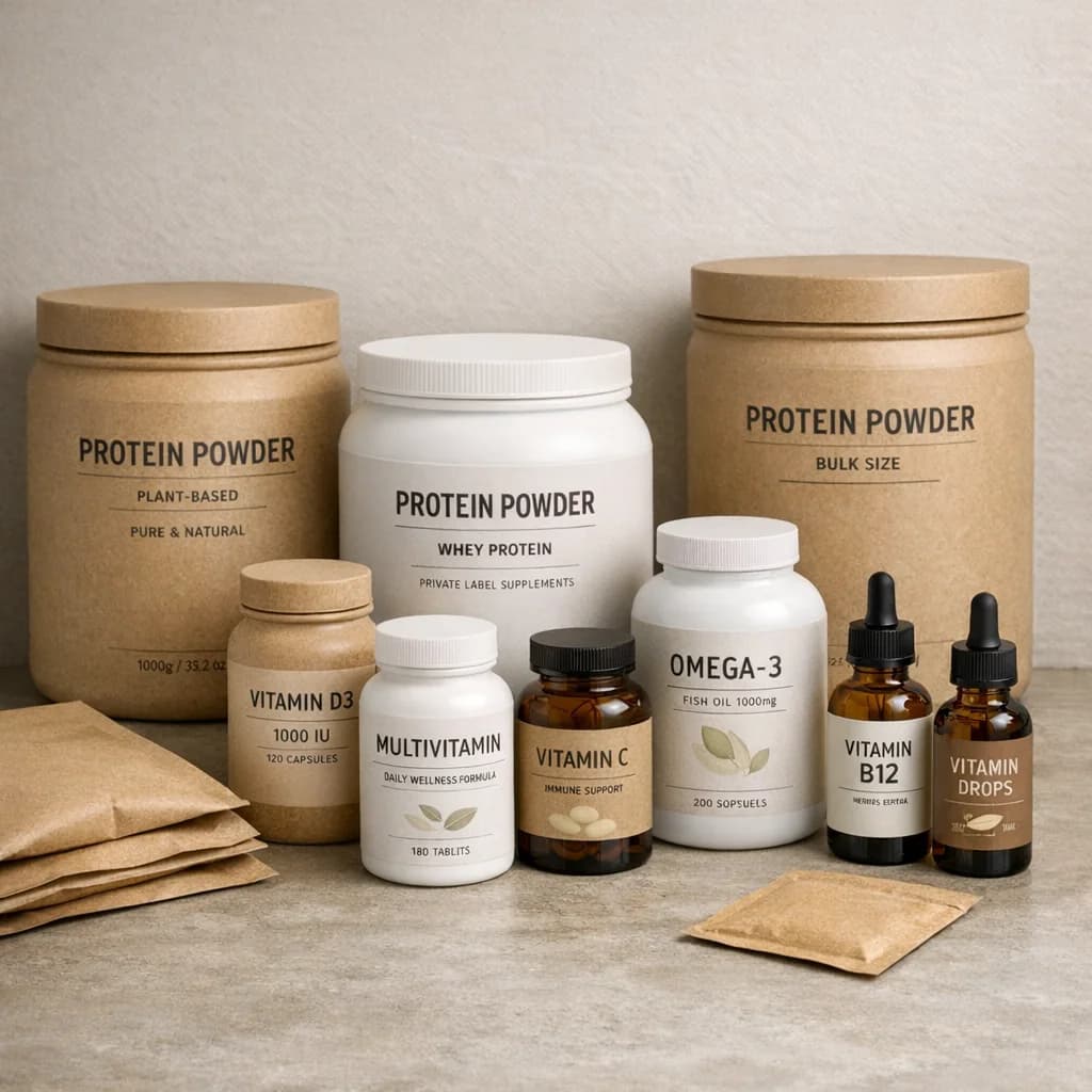 Variety of private label nutrition supplements in sleek, eco-friendly packaging on a minimalist background