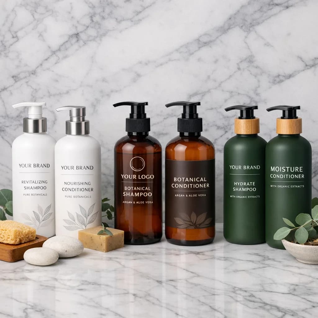 Luxury private label shampoo and conditioner bottles with minimalistic packaging on a marble counter in a premium aesthetic setting.