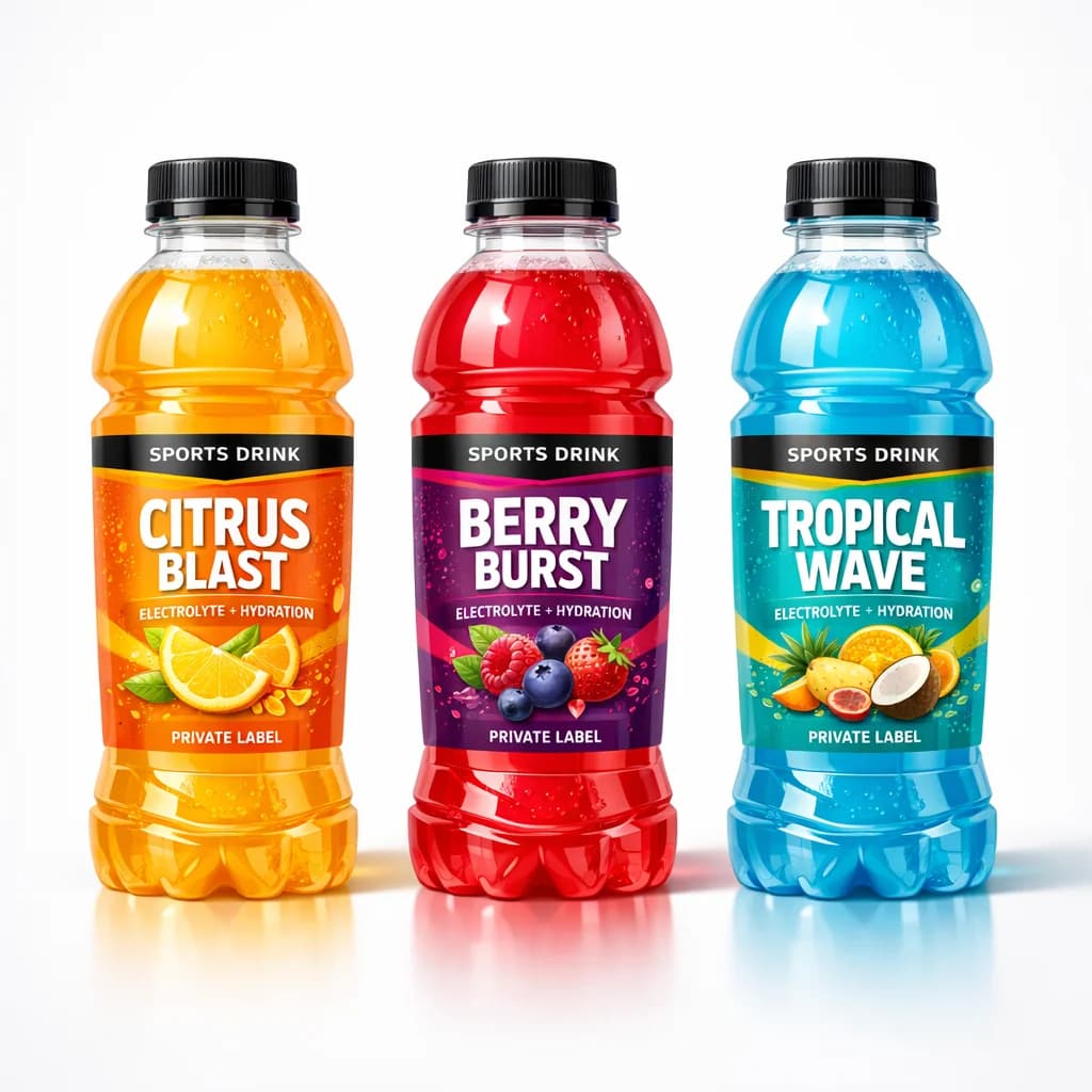 Sleek and professional packaging for private label sports drinks in various flavors and designs, displayed on a minimalist background.