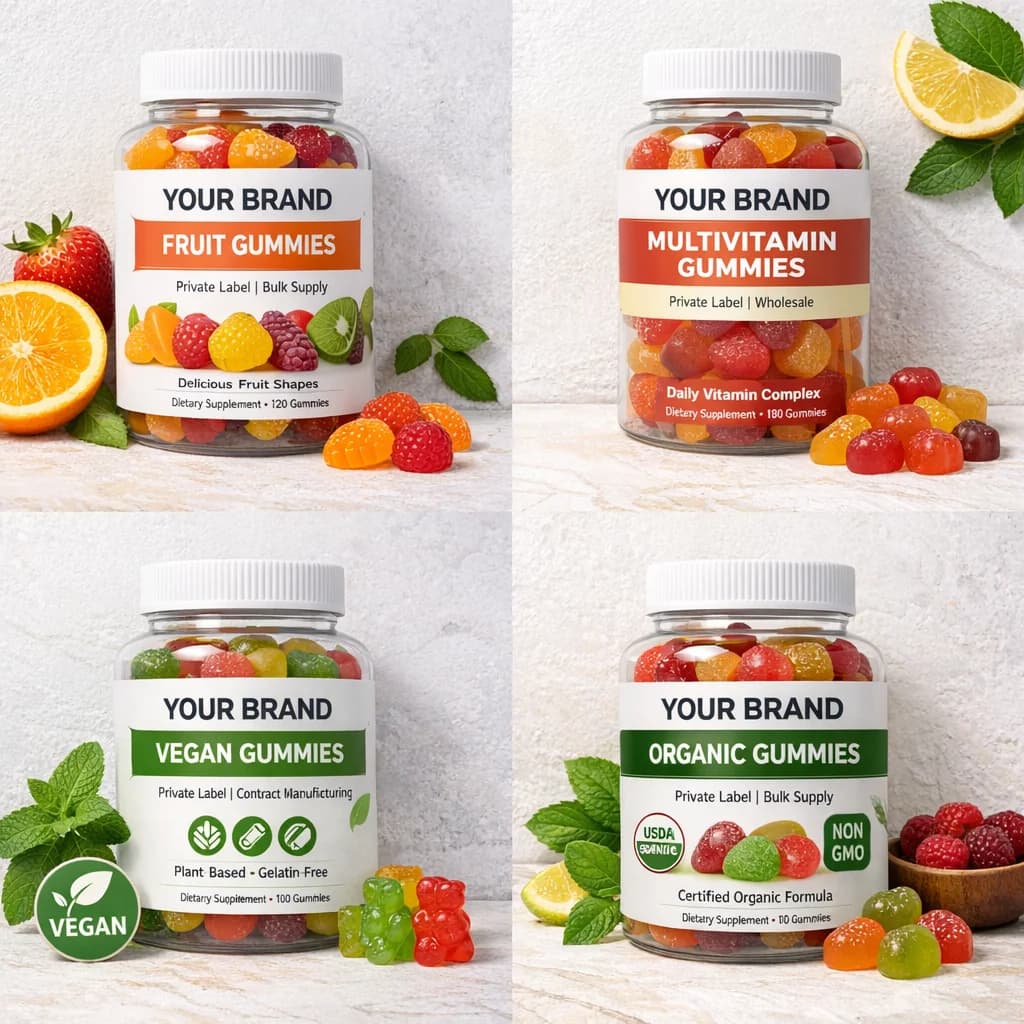 Various private label vitamin gummies in colorful packaging on a clean, professional background with natural elements and certification badges for B2B sourcing.