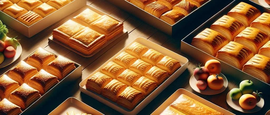 Puff pastry with vegetable fat in various shapes on a wooden kitchen surface