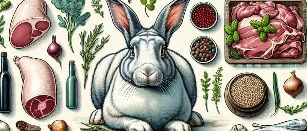 Assorted rabbit fresh meat cuts on various surfaces with minimalist background featuring rustic wooden tables and stainless steel platters