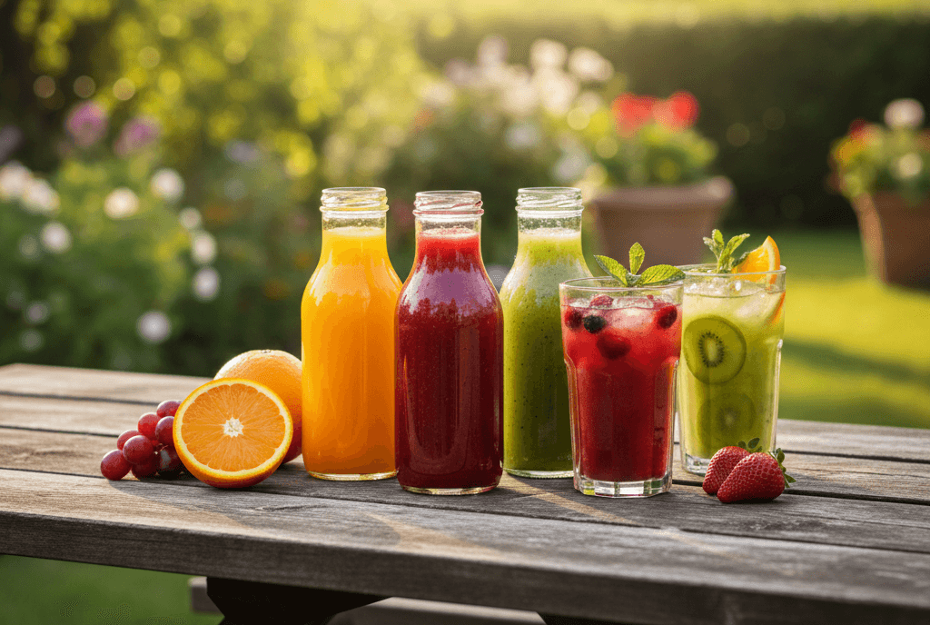 Refreshing Fruit Juices on Outdoor Table