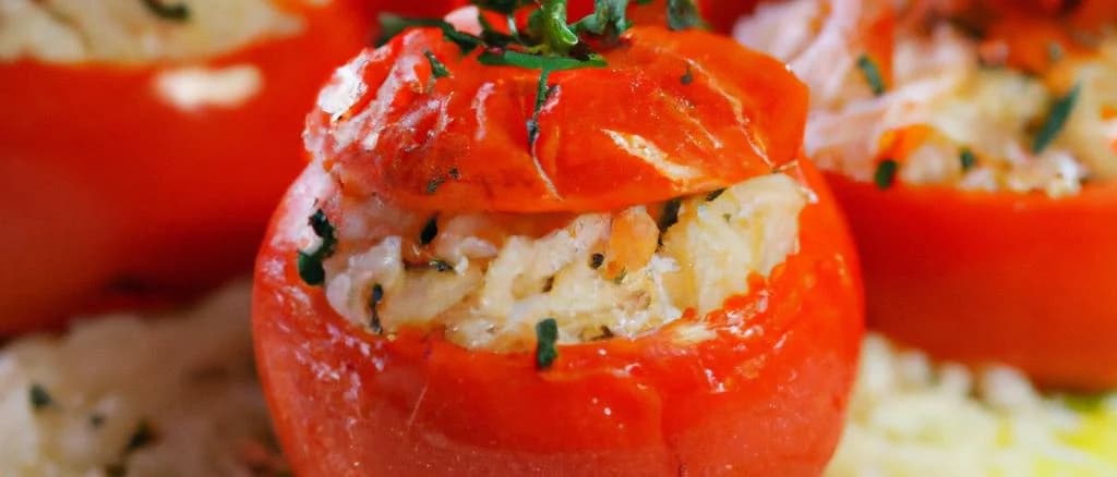 rice stuffed tomatoes with packaging variations and a rustic background