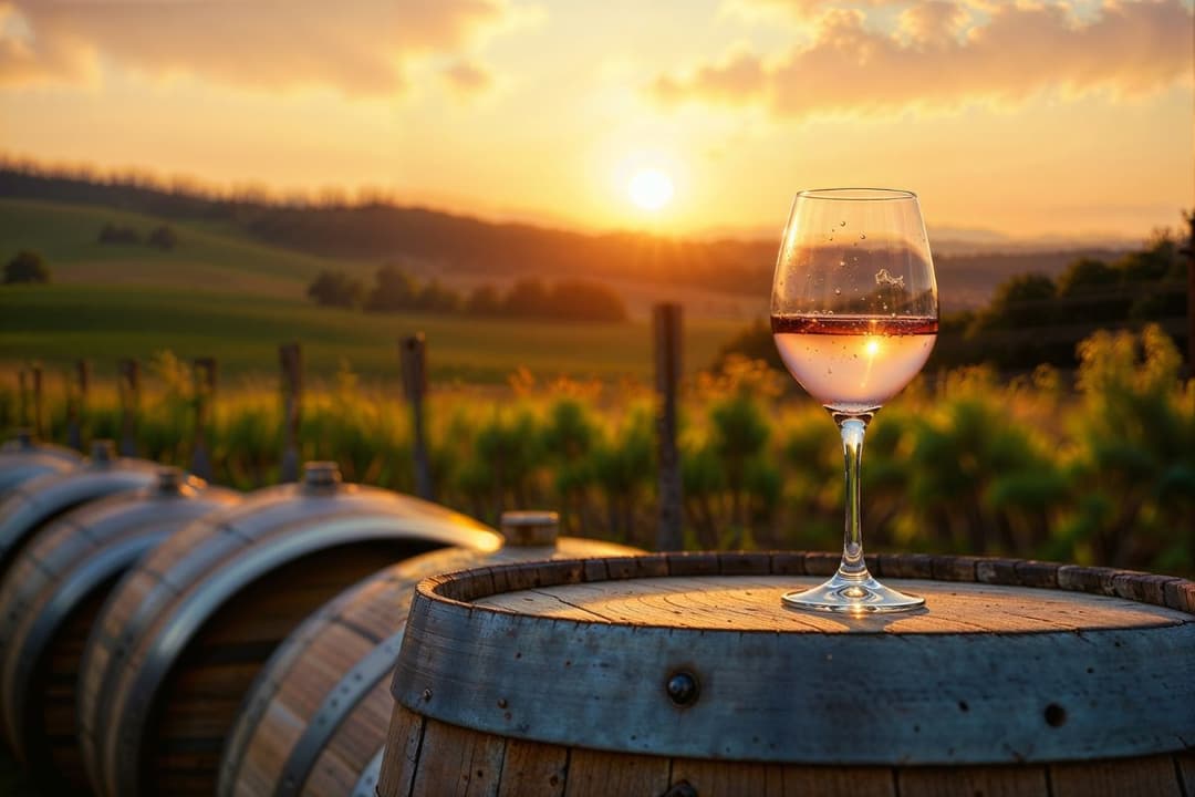 Rosé Wine Glass on a Barrel Outdoors at Sunset