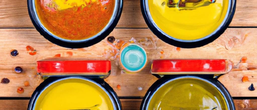 various mustard sauce bottles on wooden table