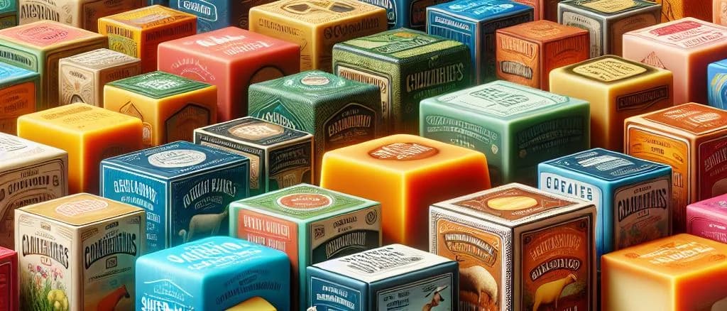 variety of sheep's-milk cheese on wooden boards in rustic setting