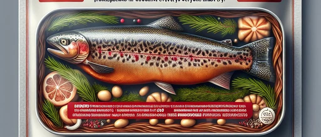 Selection of smoked farmed trout packaging variations on a rustic wooden background