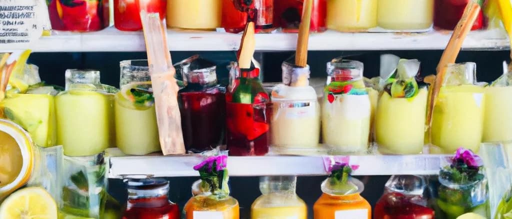 Assorted exotic fruit-flavored sodas in vibrant packaging with tropical fruit illustrations