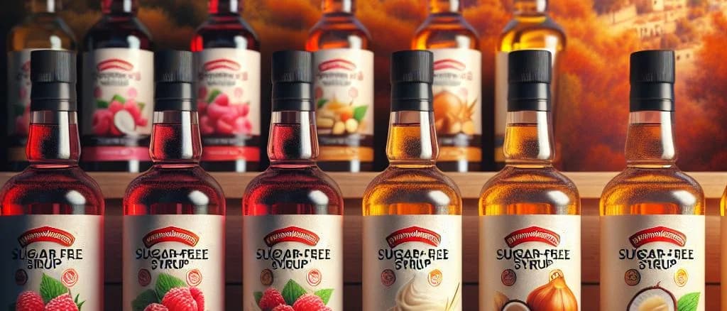 assorted sugar-free flavoured syrup bottles on a wooden shelf
