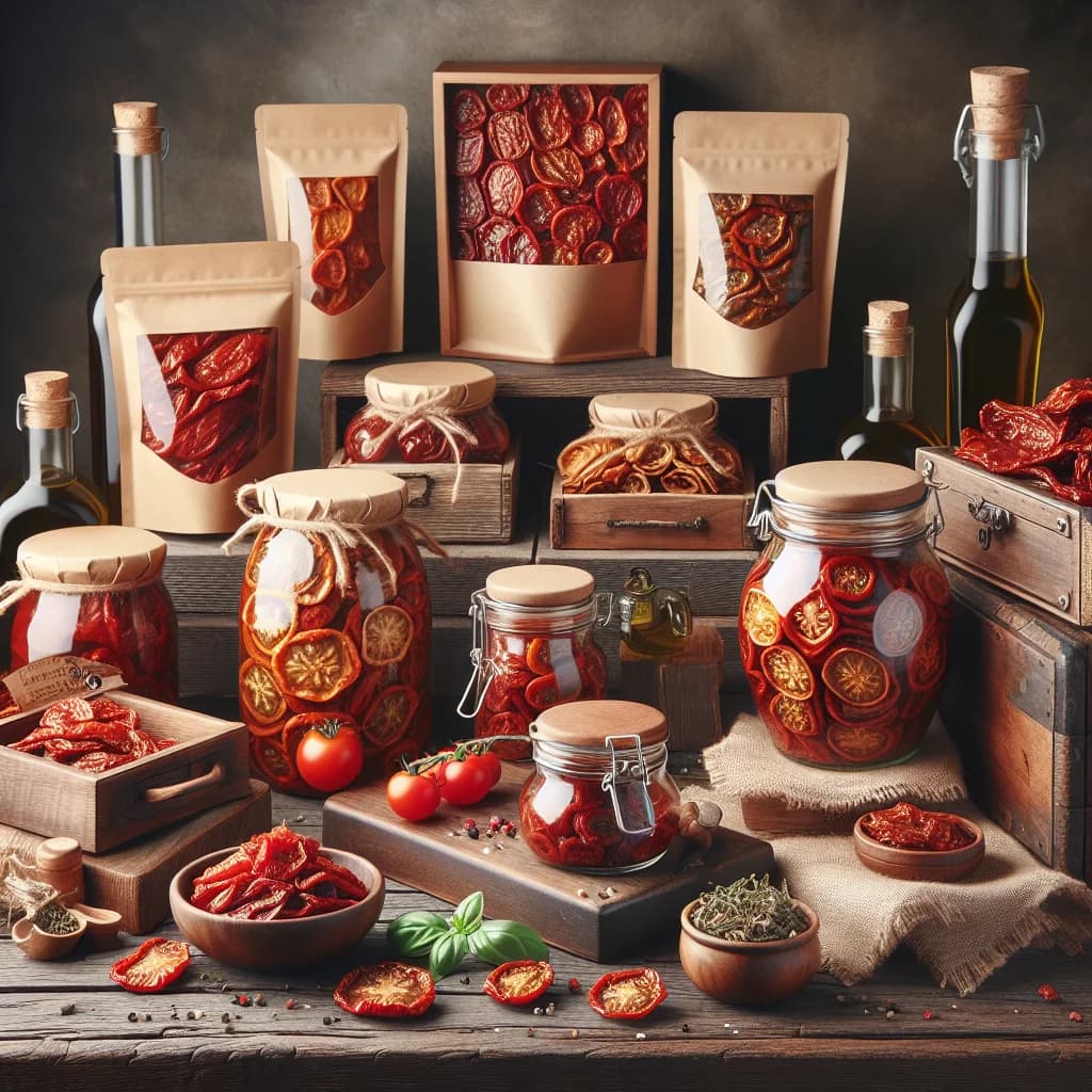 Premium sun dried tomatoes in jars and bulk packaging on a rustic wooden backdrop, featuring variations of sliced and whole sun dried tomatoes for wholesale and private label contracts.