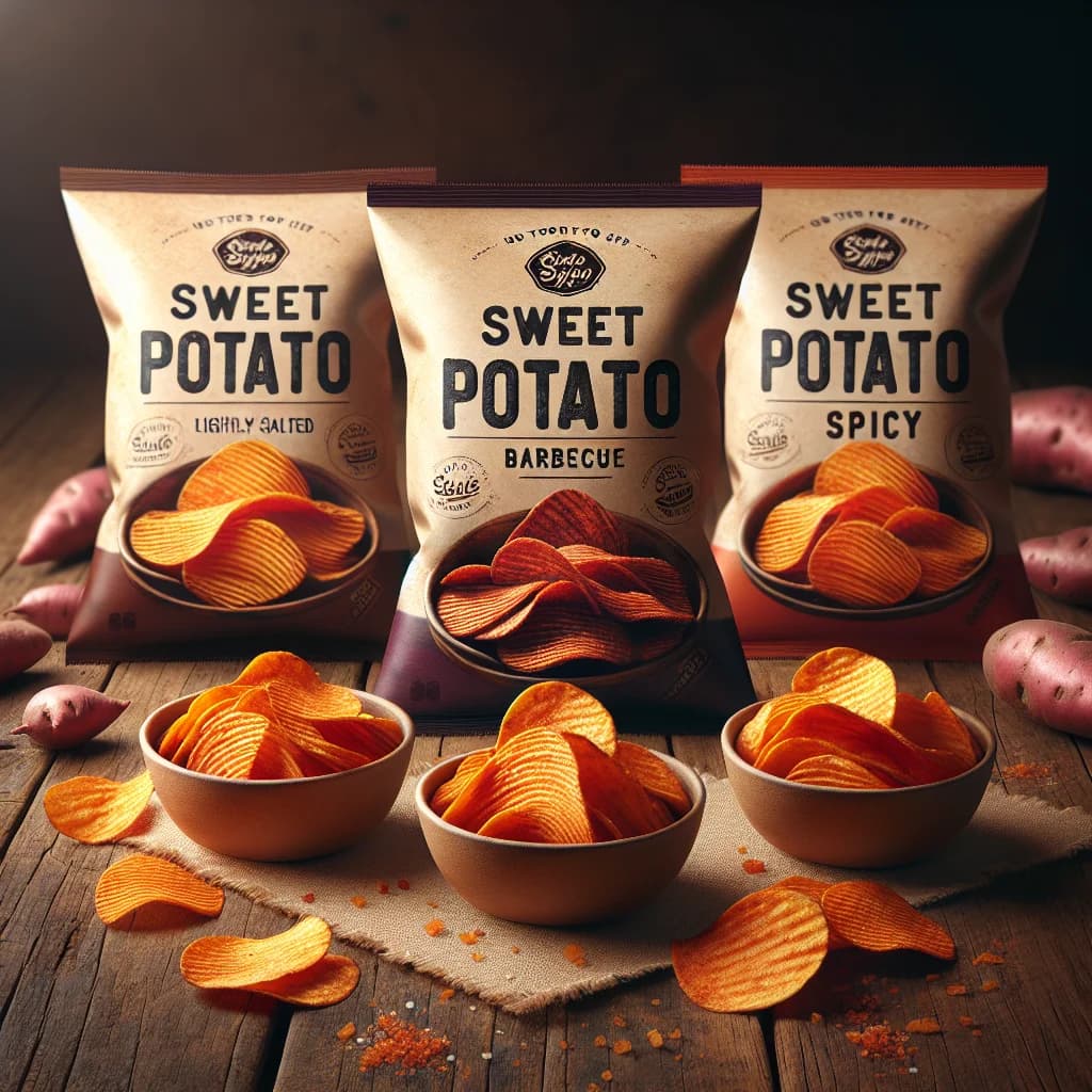 variety of sweet potato chips in unique packaging on a rustic wooden background