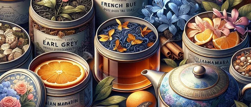 Varieties of Teas With Bergamot in Elegant Packaging on a Rustic Surface