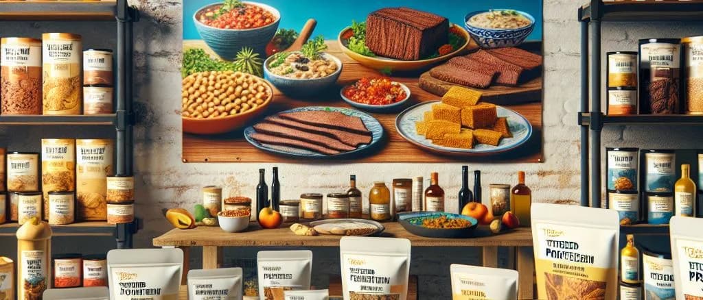 assortment of textured soy protein variations on a wooden table background