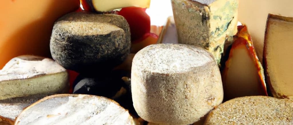 Variety of Tomme Cheese From Savoy with rustic background