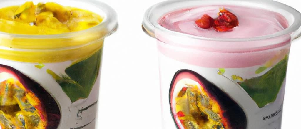 Tropical fruits soy yogurt selection with varied packaging on a minimalist background