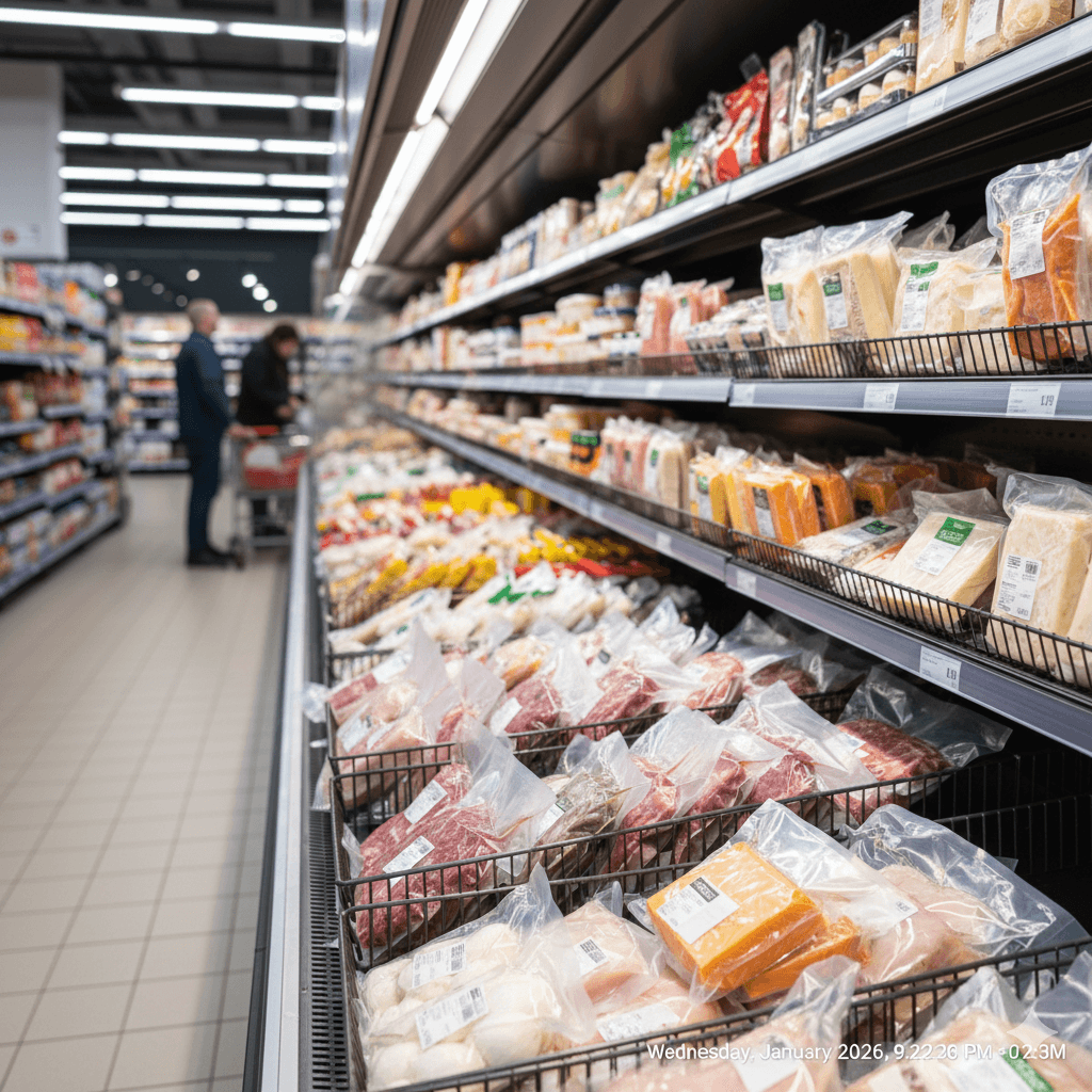 Vacuum-Sealed Foods in supermarket