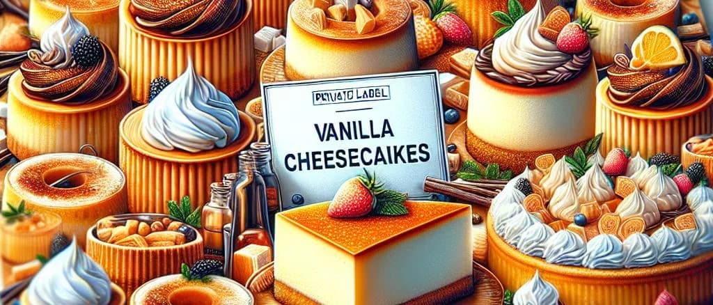 vanilla cheesecakes with diverse packaging on wooden table