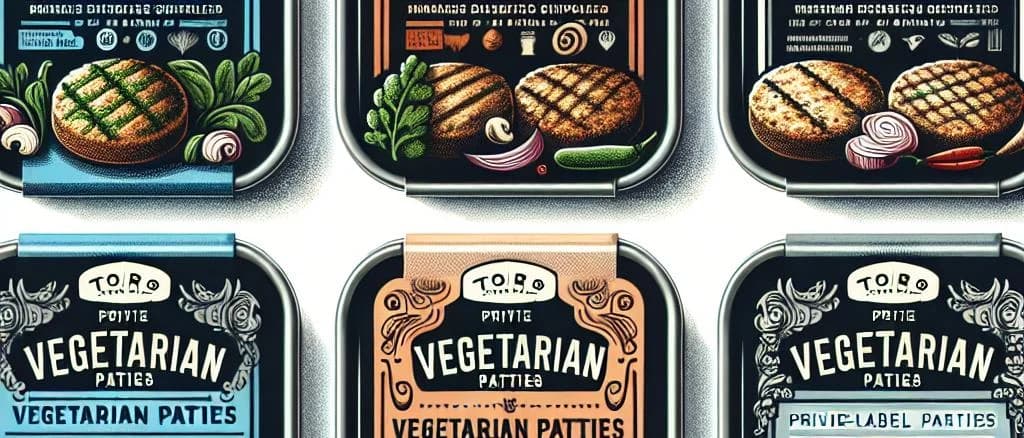 vegetarian patties on wooden board with packaging variations