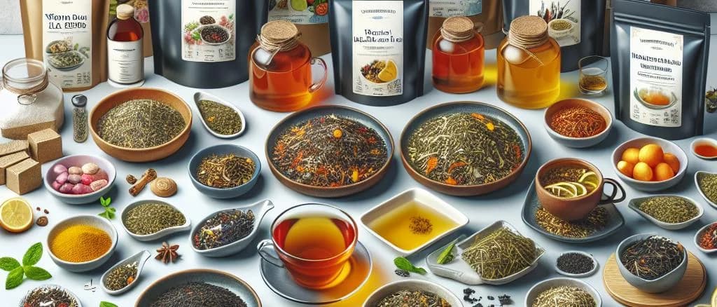 weight-loss tea blends with varied packaging on a wooden background