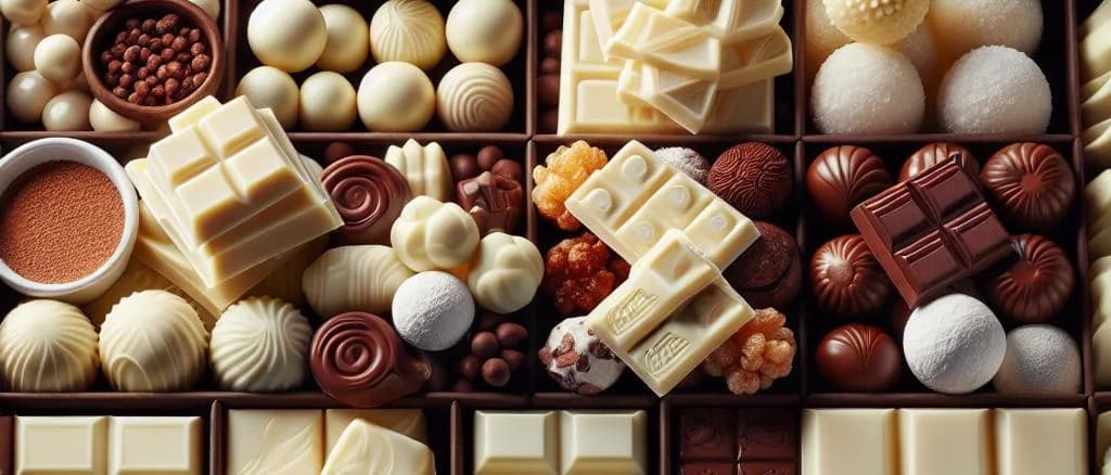 white chocolates with sweeteners in various packaging on a minimalist background