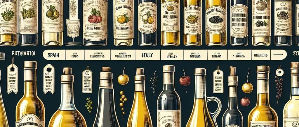 Various white wine vinegar bottles on a rustic wooden table