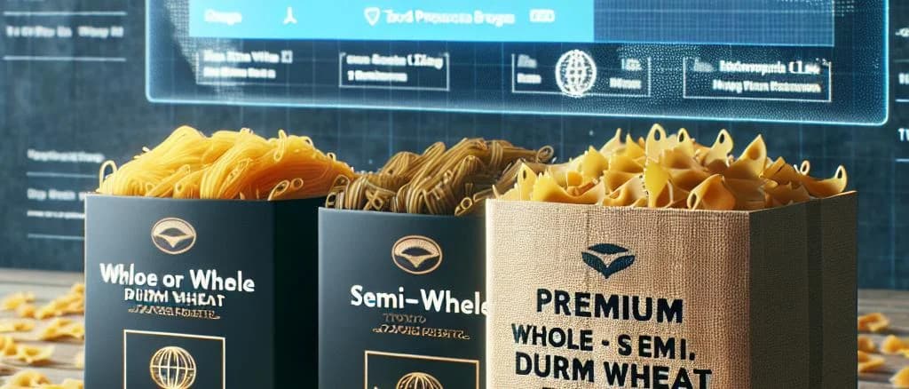 Whole or semi-whole durum wheat farfalle in various packaging styles
