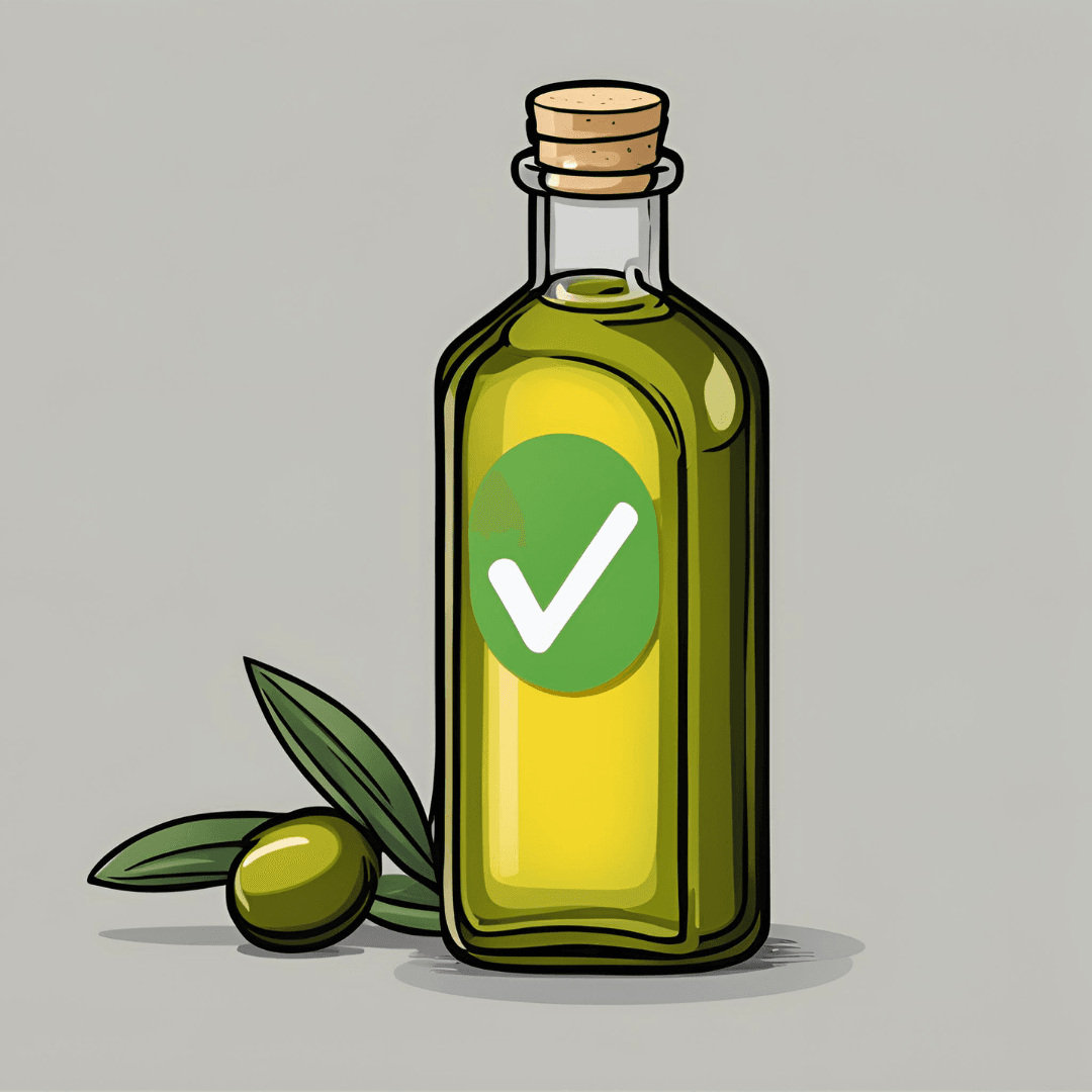 Olive oil bottle with a green tick next to it