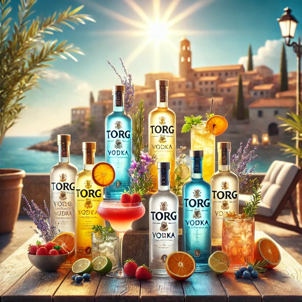 Assorted vodka-based beverages on a textured wooden surface, showcasing elegant bottle designs in vibrant colors